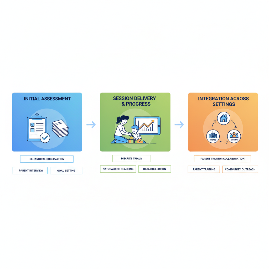 Horizontal process flow diagram depicting the practical steps of ABA therapy: Initial Assessment, Session Delivery and Progress Tracking, and Integration Across Settings.
