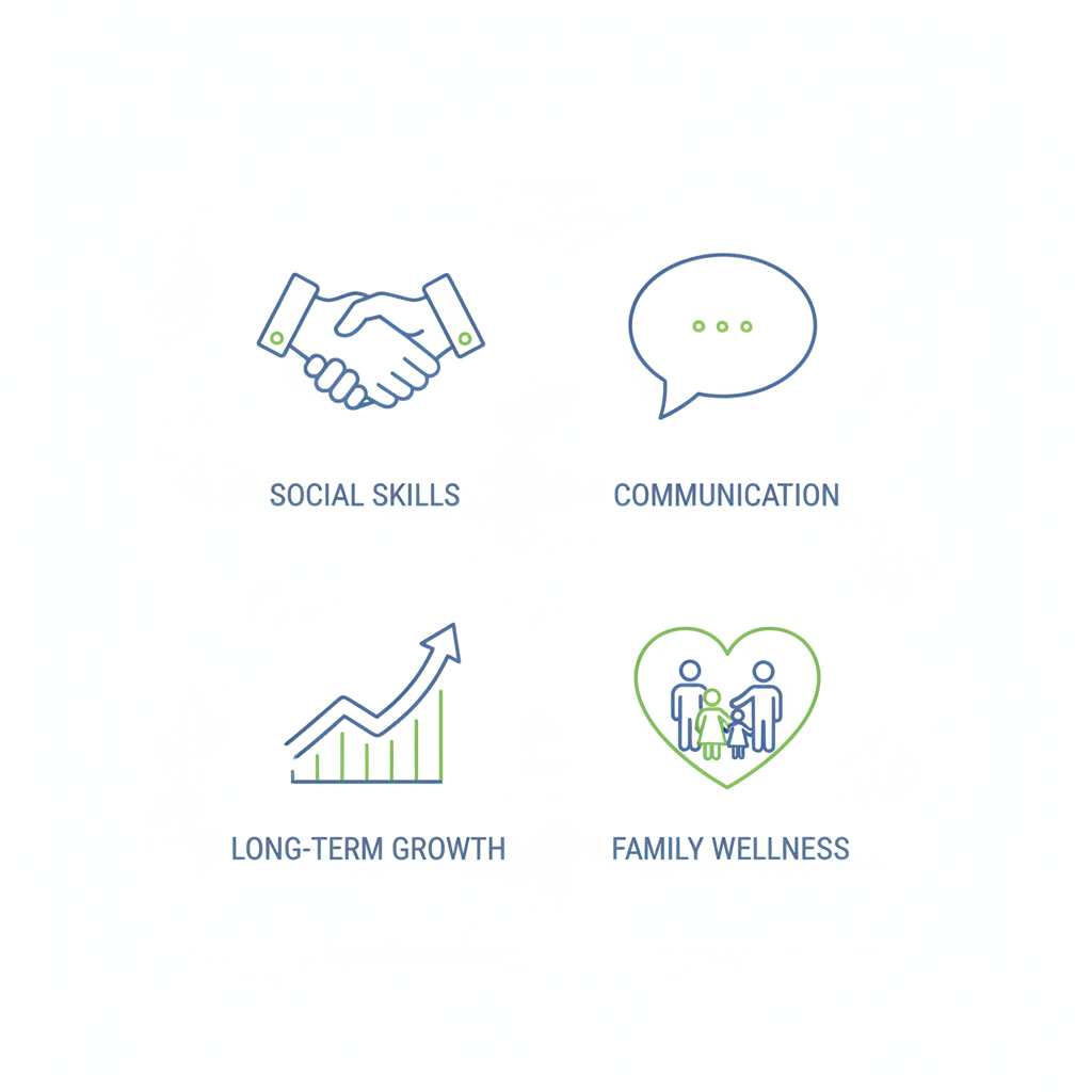 Square grid of four icons showing ABA therapy benefits: handshake for social skills, speech bubble for communication, upward graph for outcomes, family heart for impact.