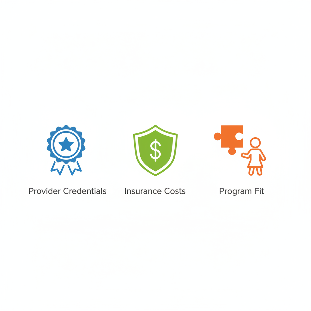 Grid of three icons illustrating best practices for choosing ABA therapy: credentials badge, insurance shield, program puzzle with child.