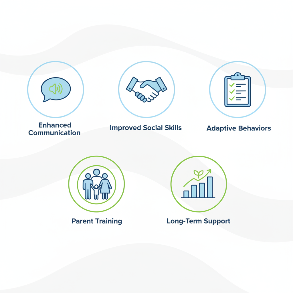 Infographic showing icons for ABA therapy benefits including communication, social skills, adaptive behaviors, parent training, and long-term support.