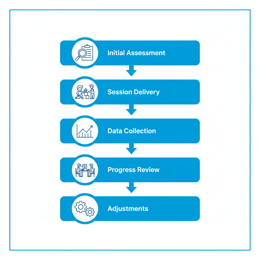 Process flow diagram illustrating the five stages of an ABA therapy session: initial assessment, session delivery, data collection, progress review, and adjustments.