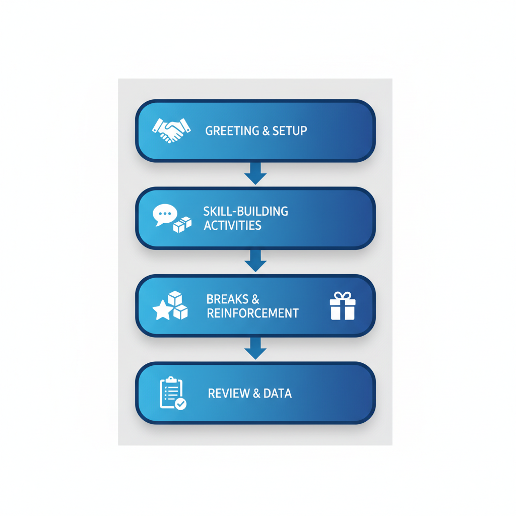 Illustrated vertical process flow showing four key stages of a typical ABA therapy session for skill development in children.