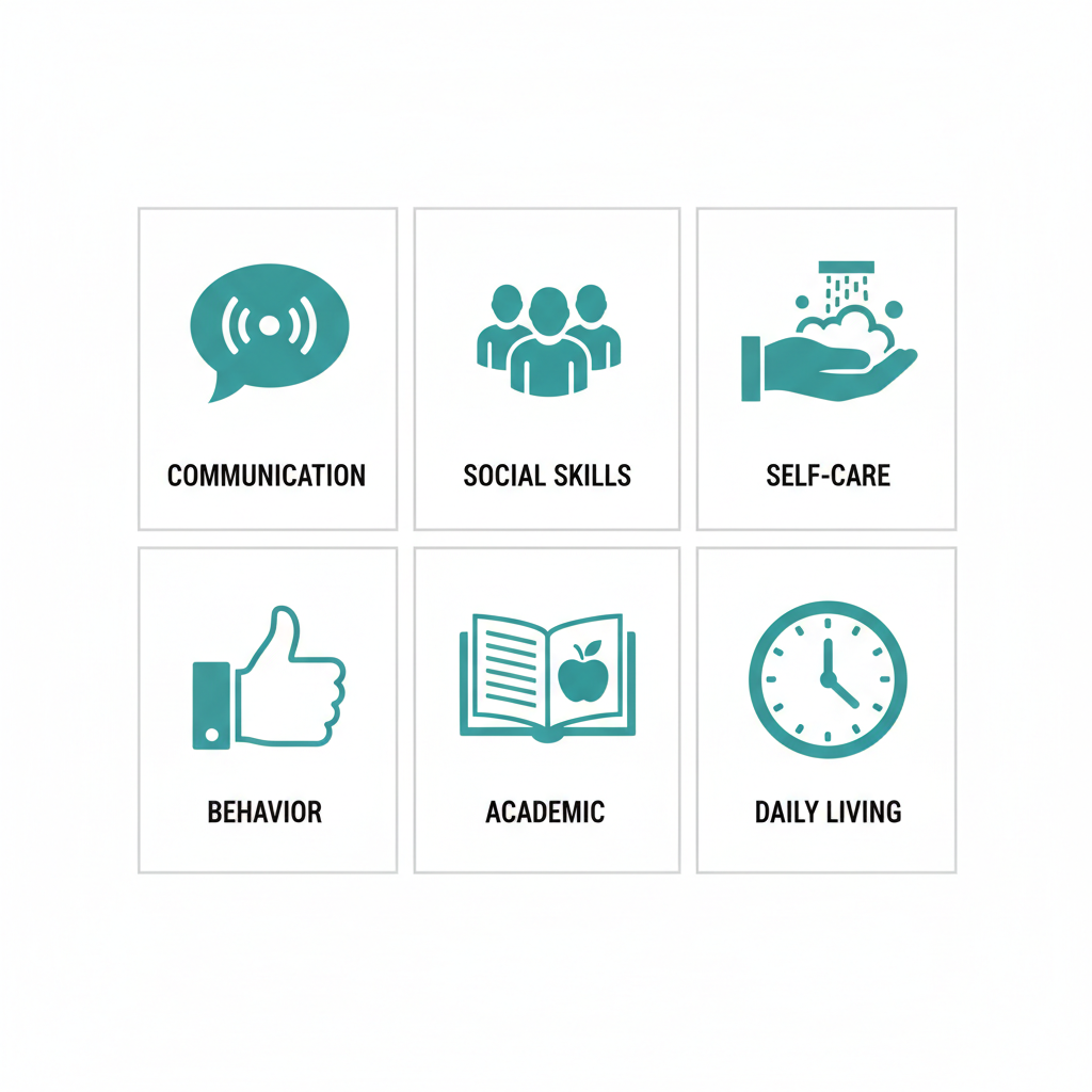 Grid of icons depicting key skills developed in ABA therapy: communication, social skills, self-care, behavior management, academic readiness, and daily living.