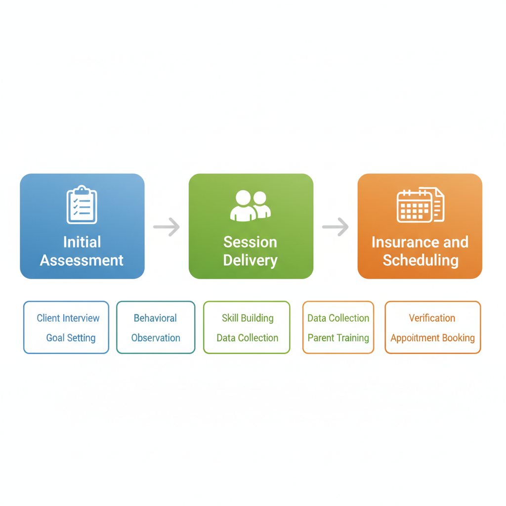 Horizontal process flow diagram illustrating the three main stages of ABA therapy: initial assessment, session delivery, and insurance scheduling.