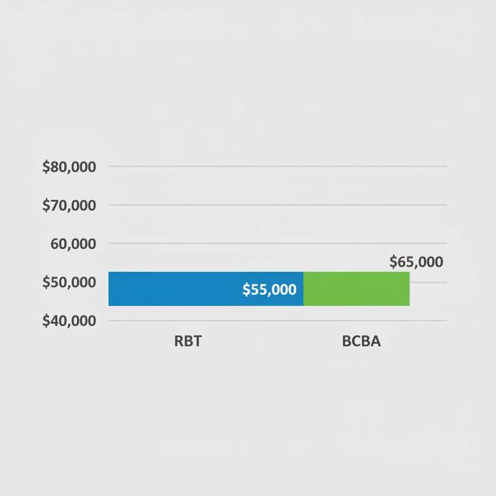 Horizontal bar chart comparing average annual salaries for RBT and BCBA roles in ABA therapy, with RBT at $55,000 and BCBA at $65,000.