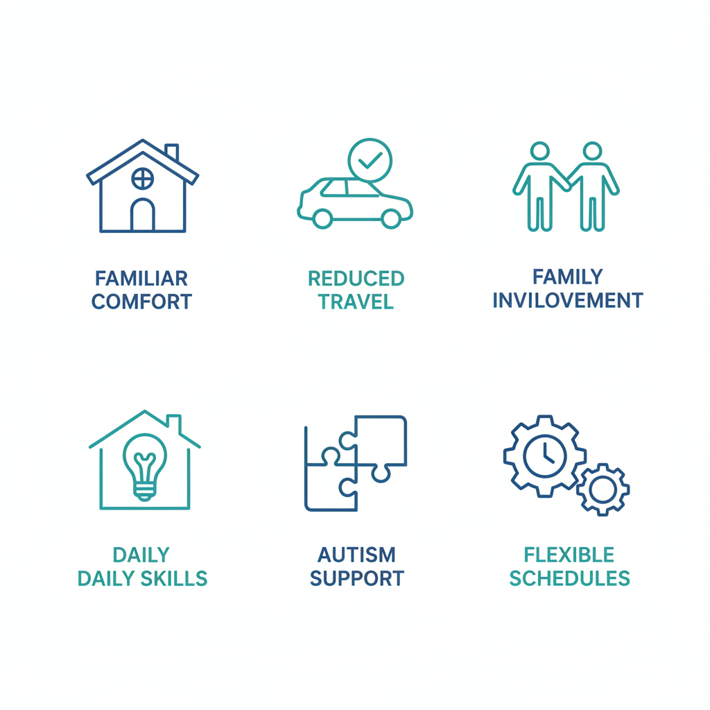 Grid of icons illustrating advantages of in-home ABA therapy