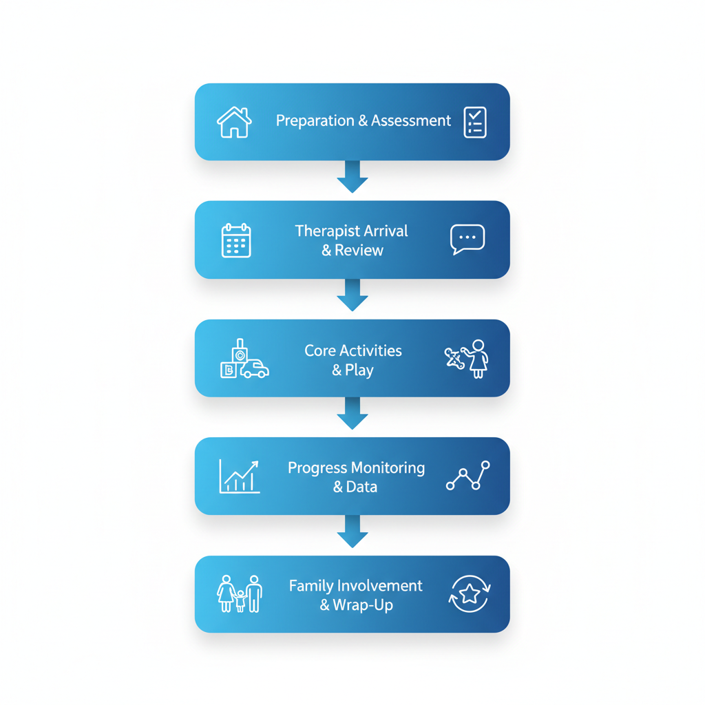 Vertical process flow diagram showing the five stages of an in-home ABA therapy session