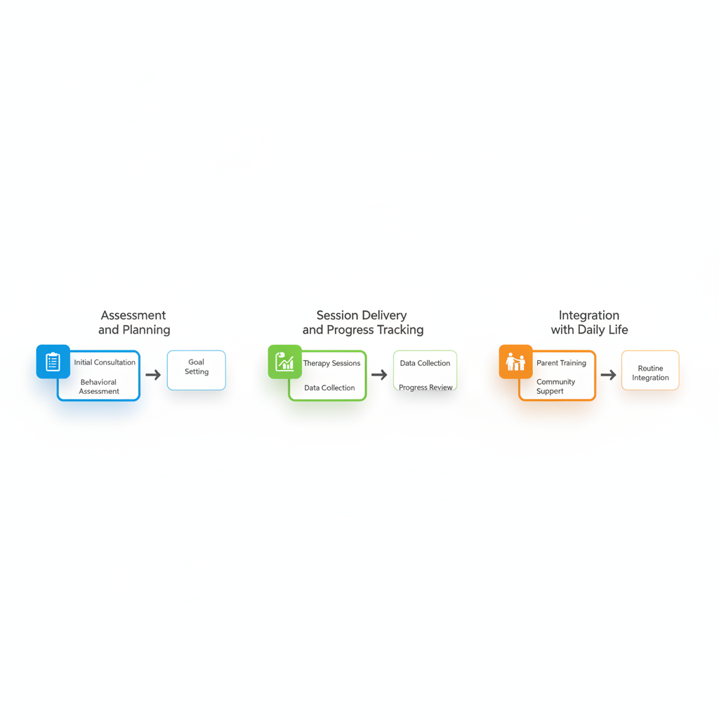 Horizontal process flow diagram showing three stages of ABA therapy: assessment, session delivery, and daily integration.