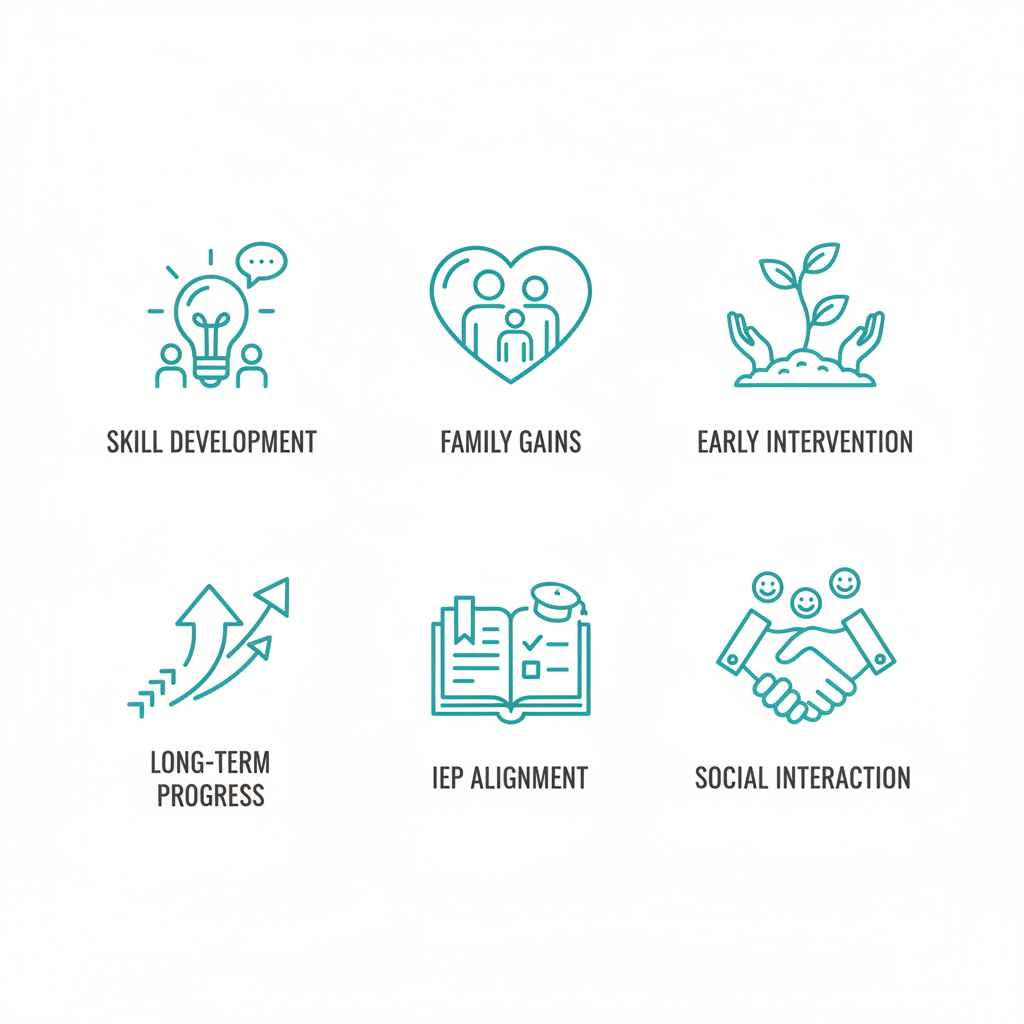Grid of icons illustrating key benefits of ABA therapy including skill development, family gains, early intervention, long-term progress, IEP alignment, and social interaction for children with autism.