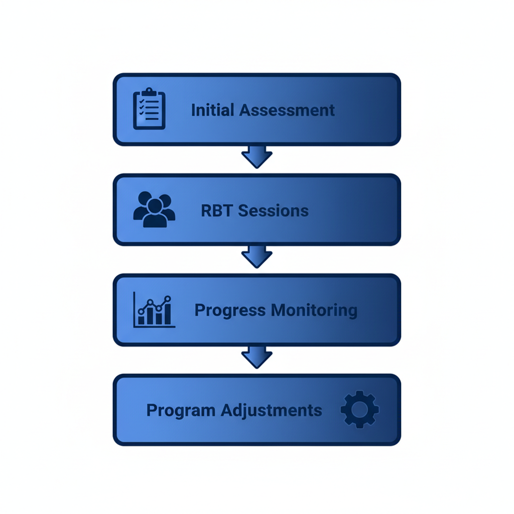 Vertical process flow diagram illustrating four key stages of ABA therapy: initial assessment, RBT-led sessions, data-driven monitoring, and program adjustments.