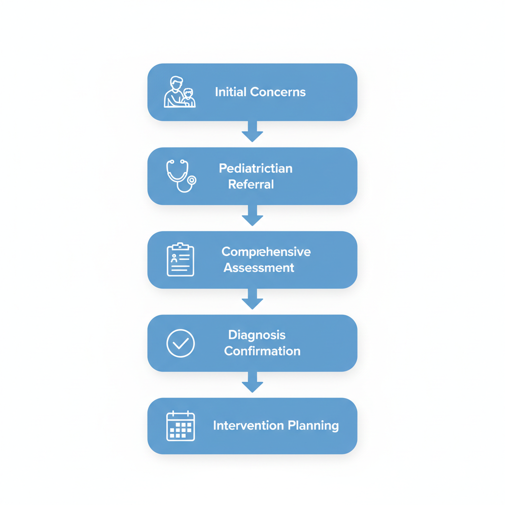 Vertical process flow diagram illustrating the steps in autism diagnosis and evaluation process in Kansas City for accessibility.