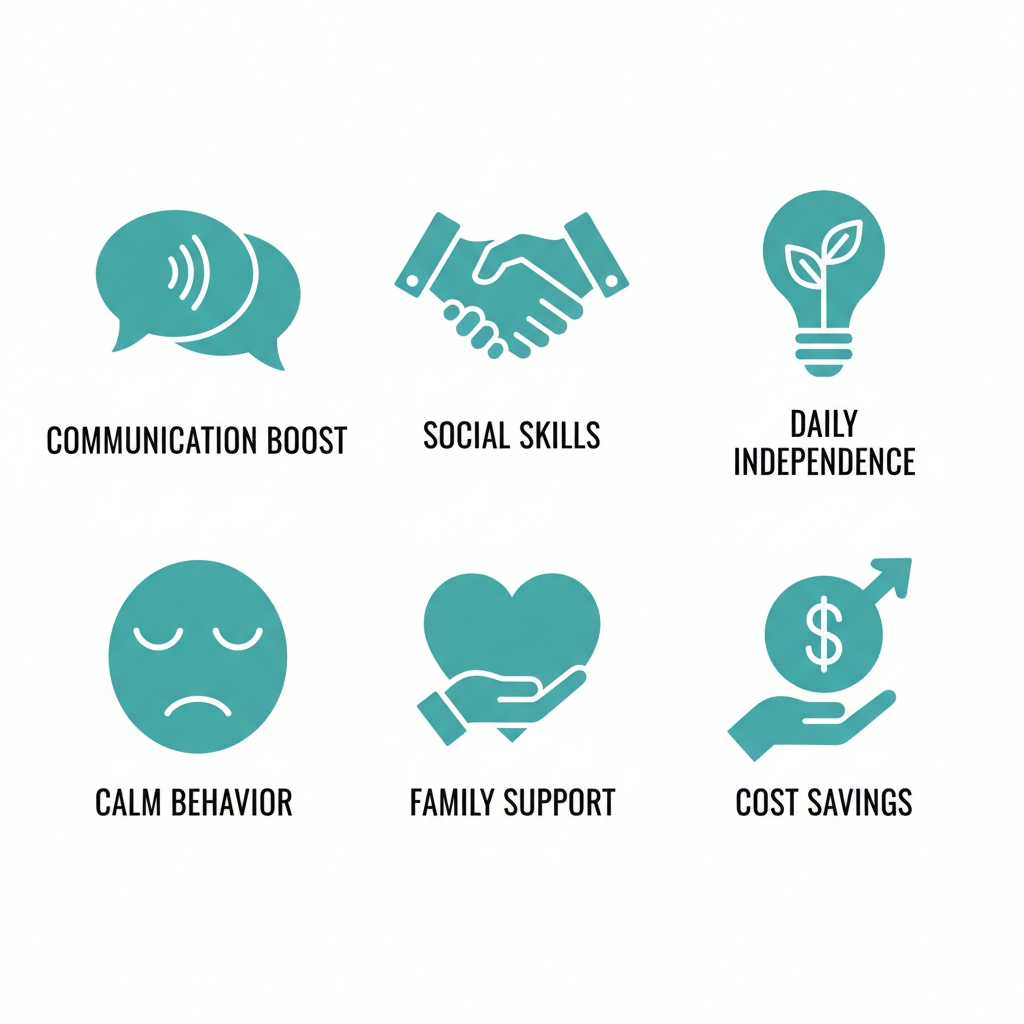 Grid of six icons illustrating benefits of early autism services: communication, social skills, independence, behavior reduction, family support, and cost savings
