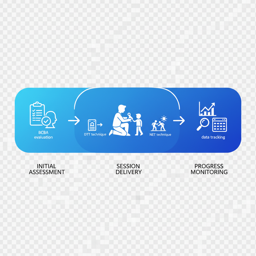 Horizontal process flow diagram showing three stages of ABA therapy sessions: initial assessment, session delivery, and progress monitoring.