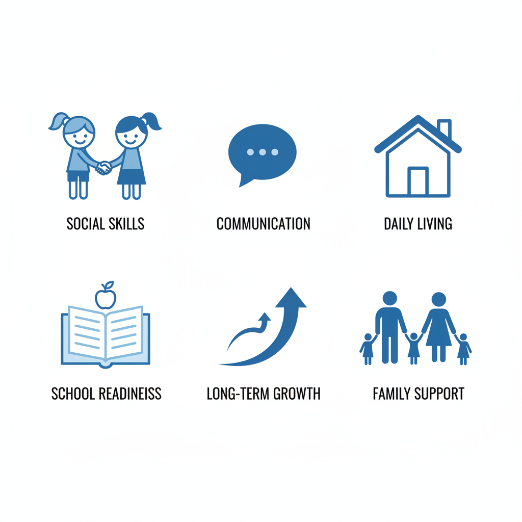 Square grid of six flat icons illustrating key ABA therapy benefits: social skills, communication, daily living, school readiness, long-term outcomes, and family support.