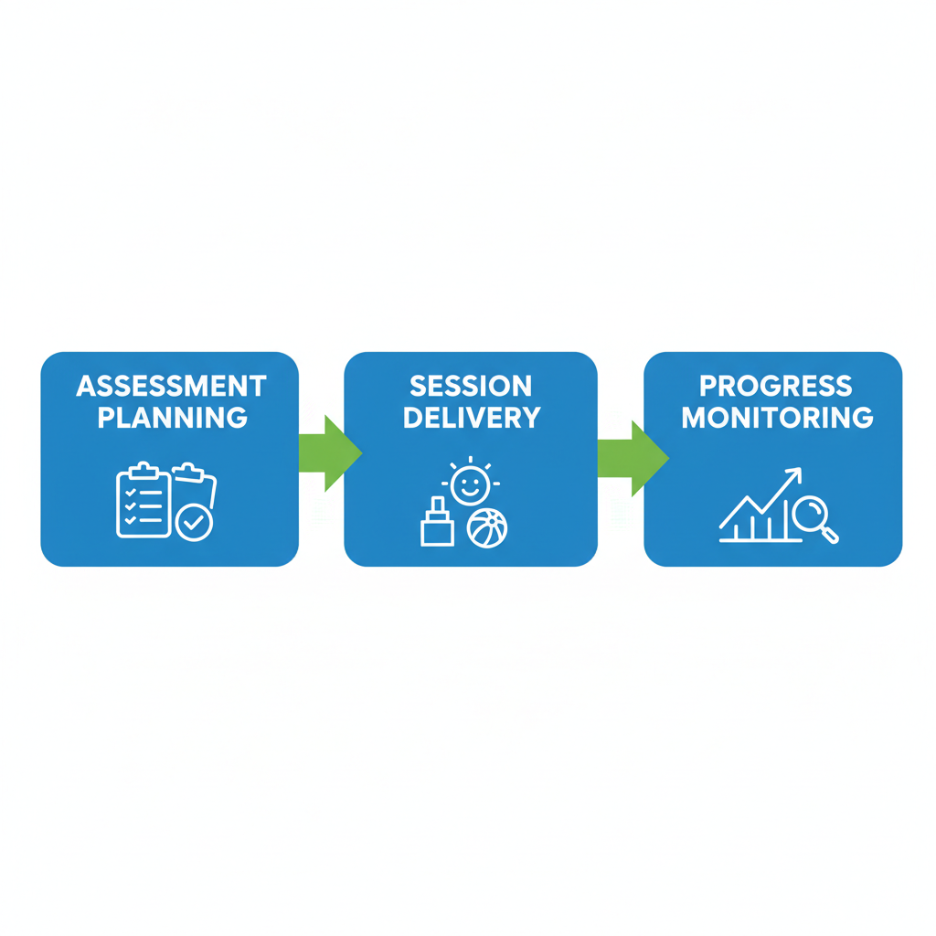 Horizontal process flow diagram showing three stages of ABA therapy: assessment and planning, session delivery and techniques, and progress monitoring with adjustments.