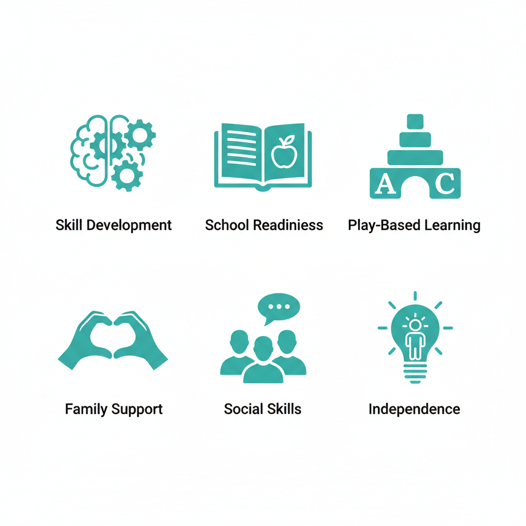 A 2x3 grid of flat teal icons with white outlines and black labels below, showing ABA therapy benefits.