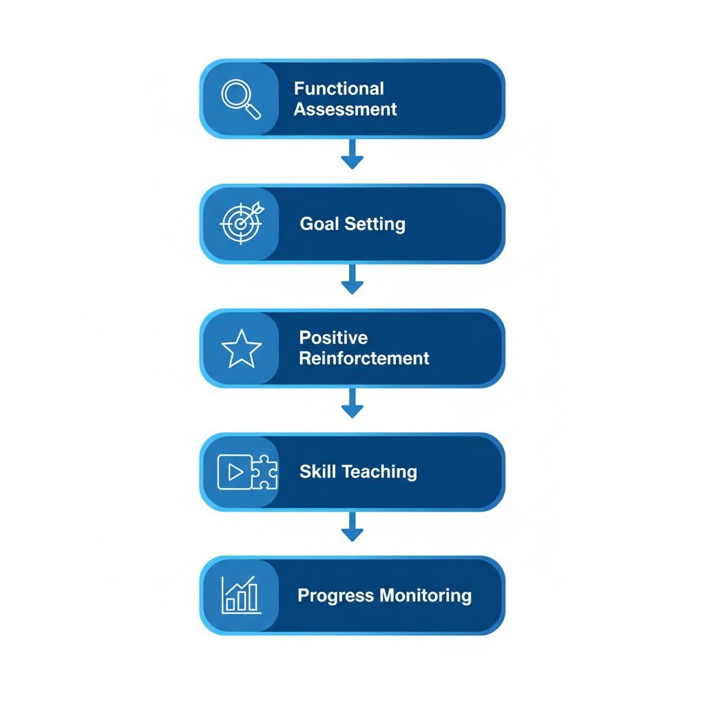 Vertical process flow diagram illustrating the five core stages of ABA therapy with icons and minimal labels.