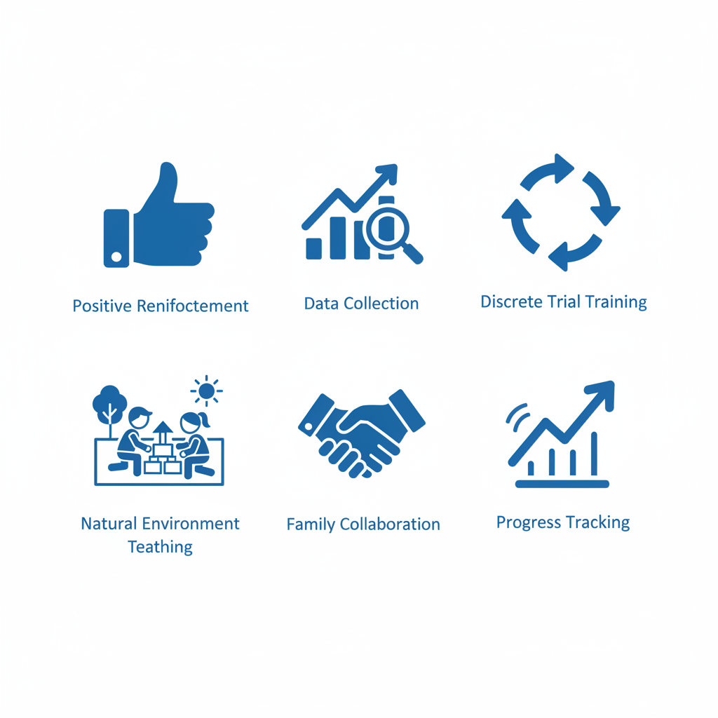 Grid of six flat blue icons illustrating key ABA therapy principles: positive reinforcement, data collection, discrete trial training, natural environment teaching, family collaboration, and progress tracking.