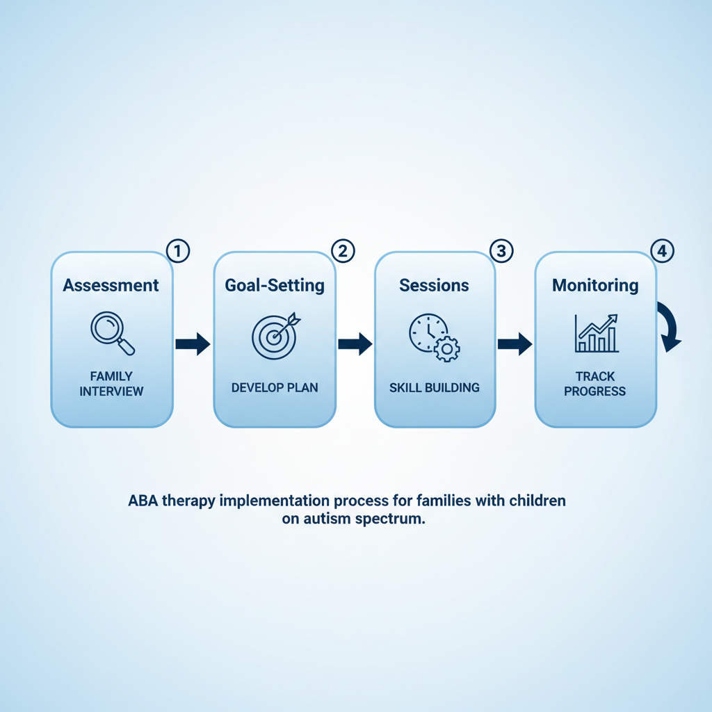 Horizontal process flow diagram illustrating the four stages of implementing ABA therapy: assessment, goal-setting, sessions, and monitoring.
