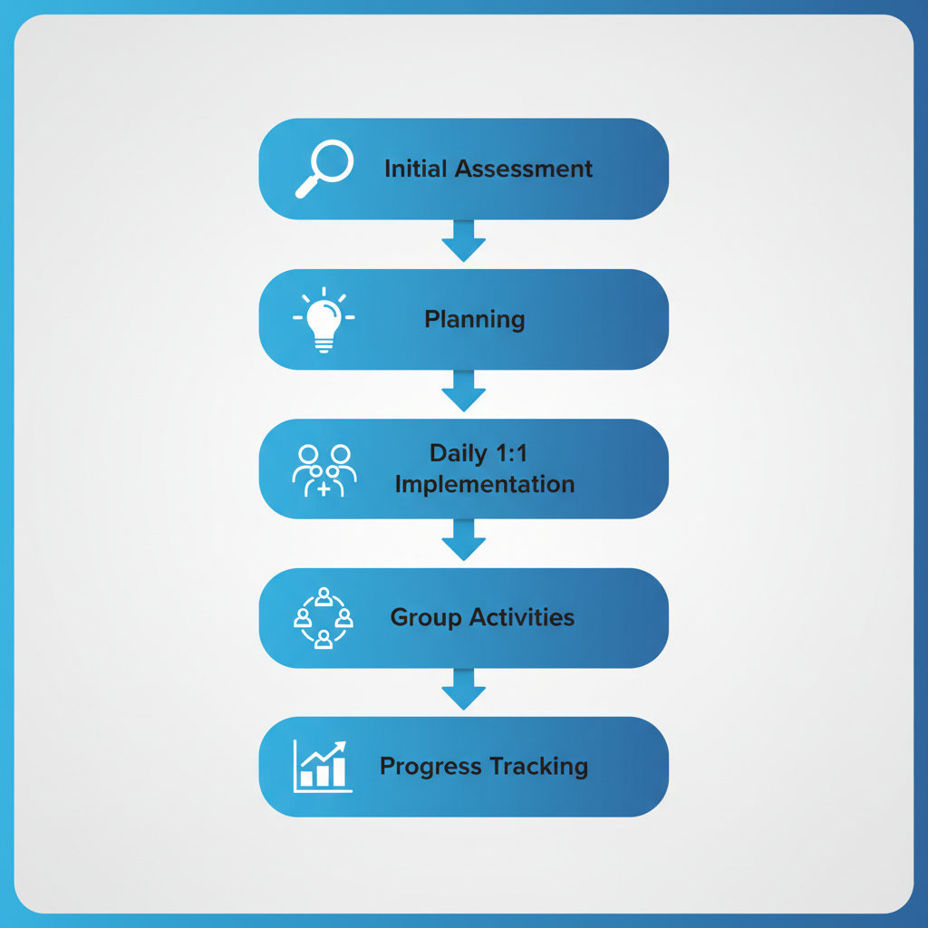 Vertical diagram illustrating the five stages of an ABA therapy session: initial assessment, planning, daily implementation, group activities, and progress tracking.