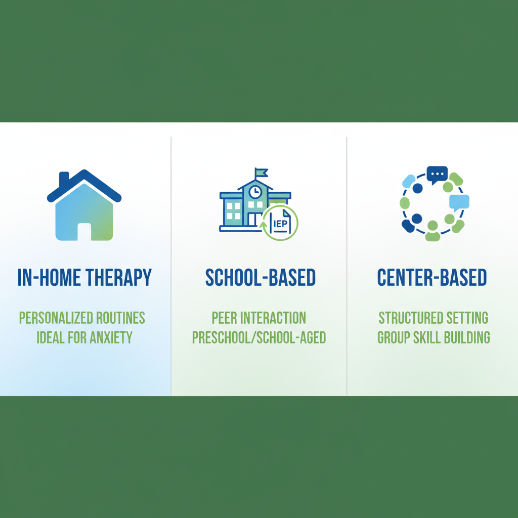 Infographic comparing in-home, school-based, and center-based ABA therapy models with key benefits icons and labels