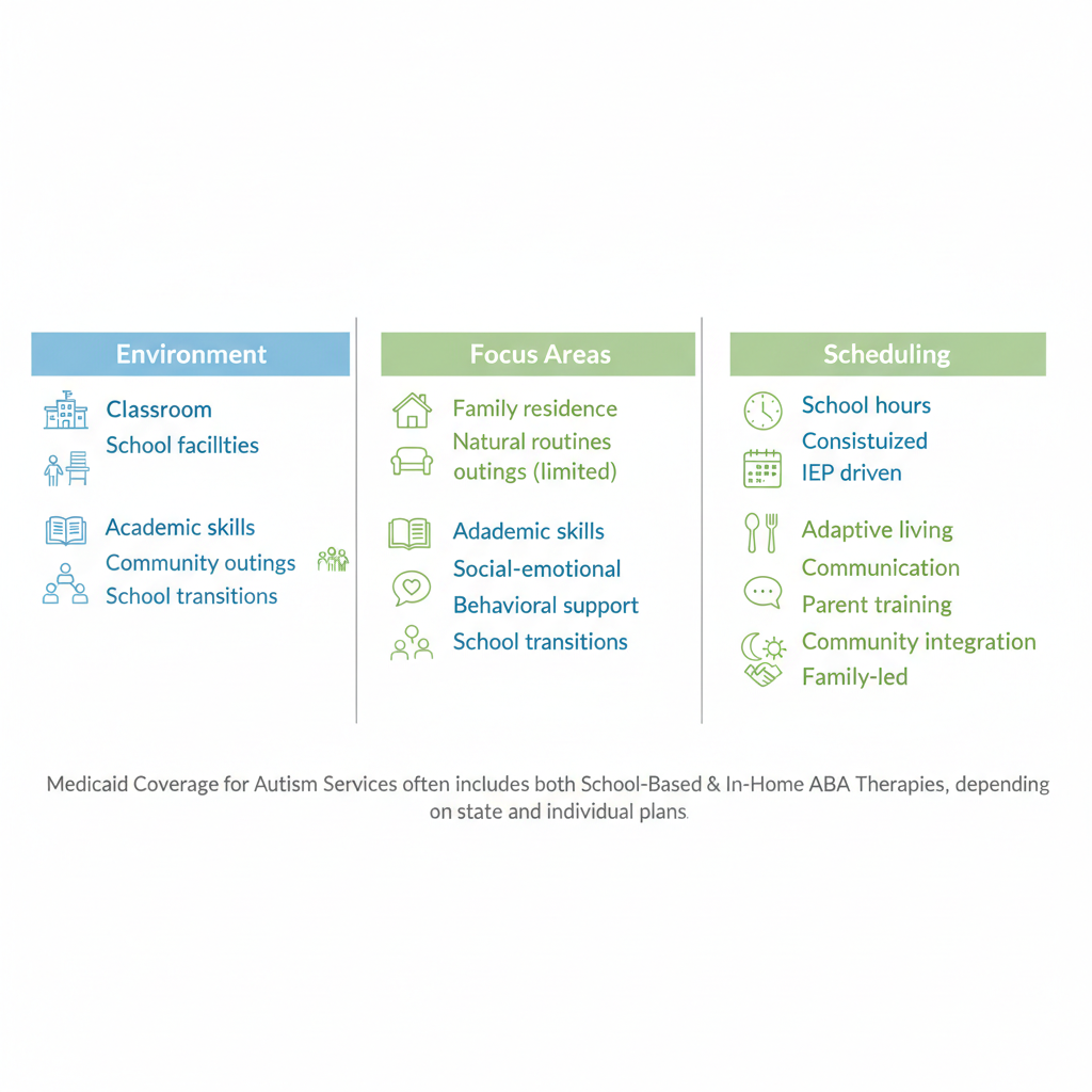 Infographic illustrating differences between school-based and in-home ABA therapy environments, focus areas, and scheduling.