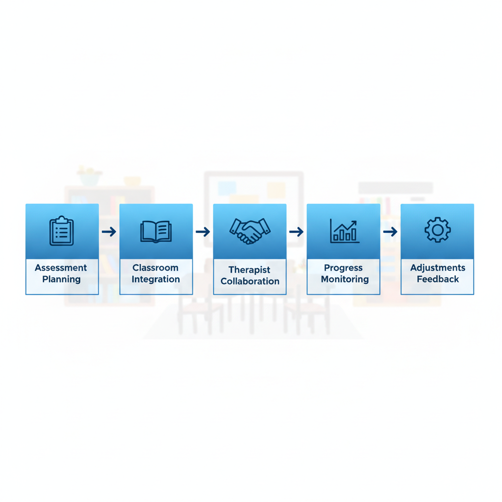 Horizontal process flow diagram of in-school ABA therapy steps including assessment, integration, collaboration, monitoring, and adjustments with icons.
