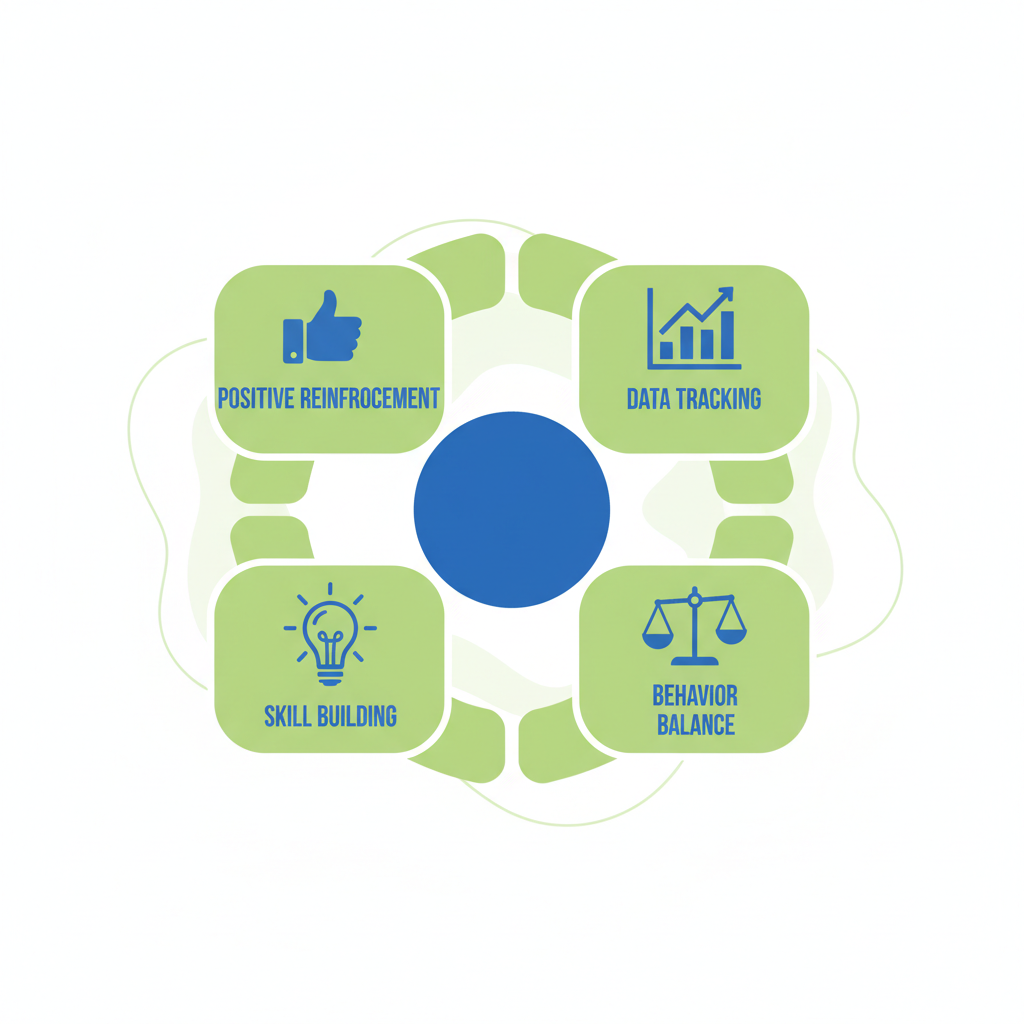 Infographic depicting four core principles of school-based ABA therapy: positive reinforcement, data-driven tracking, skill acquisition, and behavior management with icons and minimal labels.