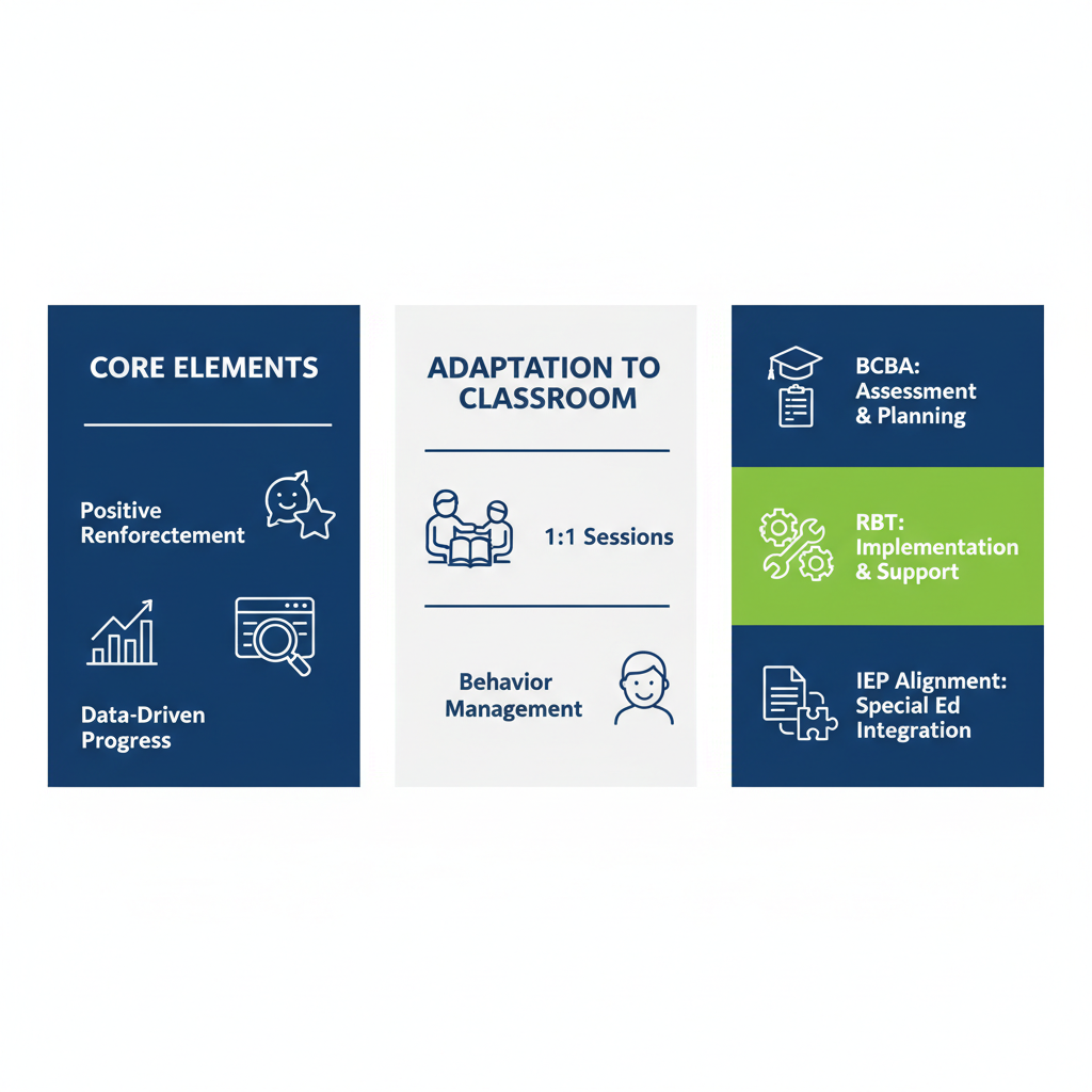 Infographic illustrating school-based ABA therapy principles, core elements, classroom adaptations, and provider roles with icons.