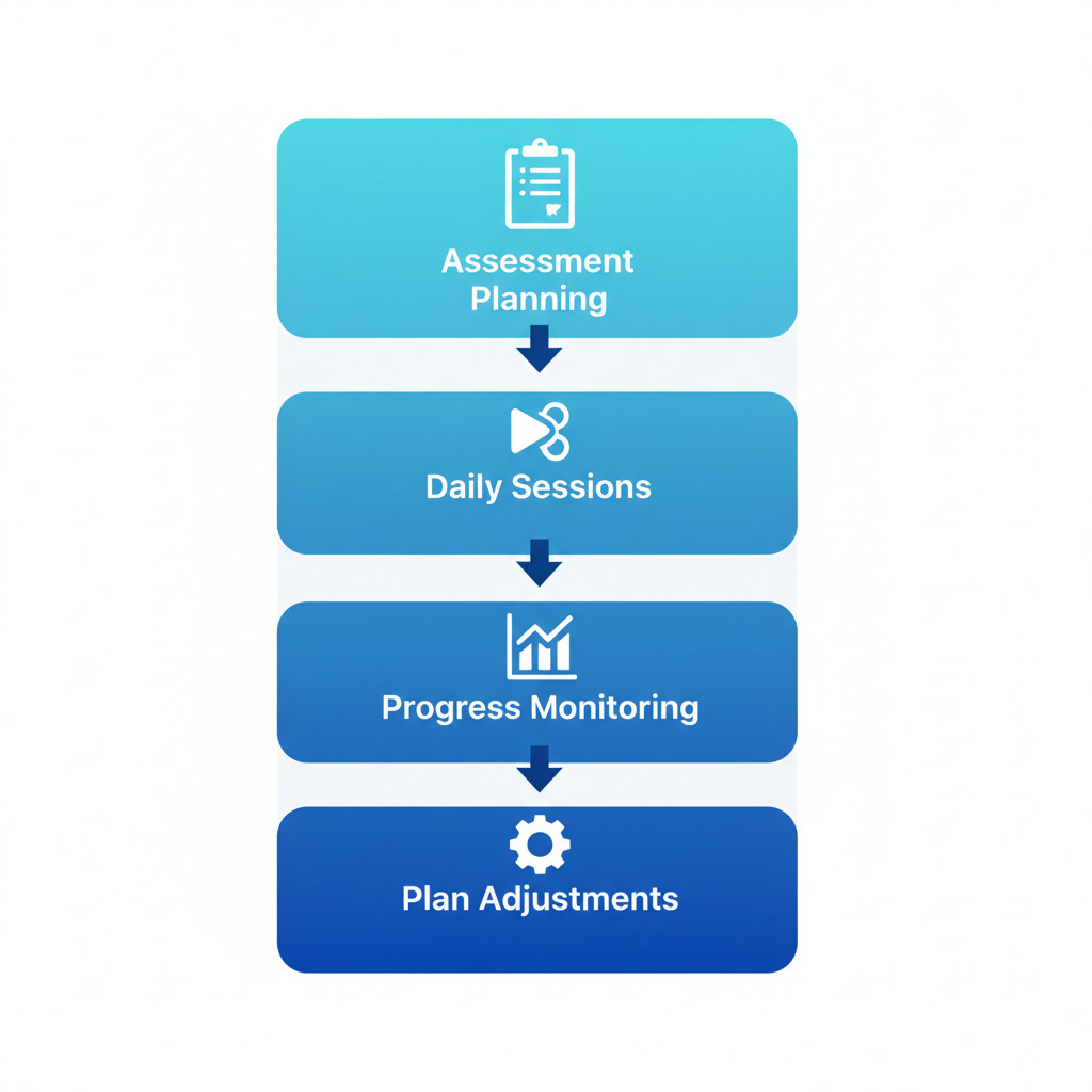 Vertical process flow diagram illustrating four stages of ABA therapy delivery for children with autism