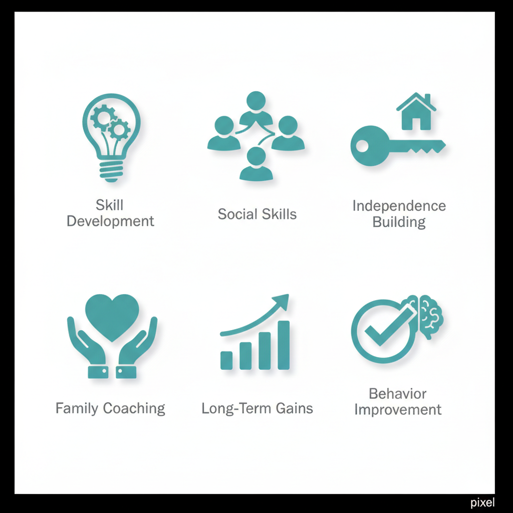 Grid of icons depicting key benefits of ABA therapy for autism: skill development, social skills enhancement, independence building, family coaching, long-term gains, and behavior improvement.
