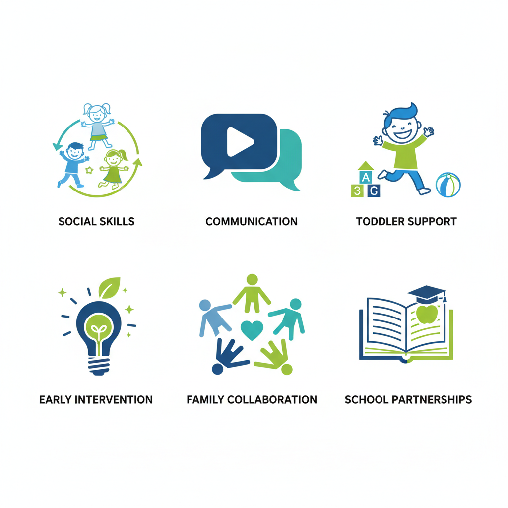 Grid of icons showing key benefits of ABA therapy including social skills, communication, and family support.