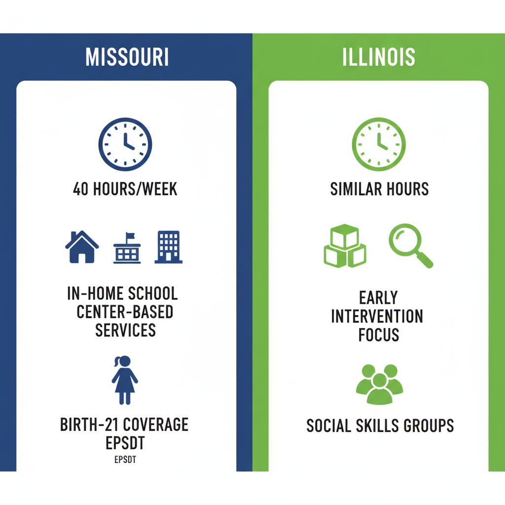 Infographic comparing Medicaid coverage for ABA therapy benefits in Missouri and Illinois states