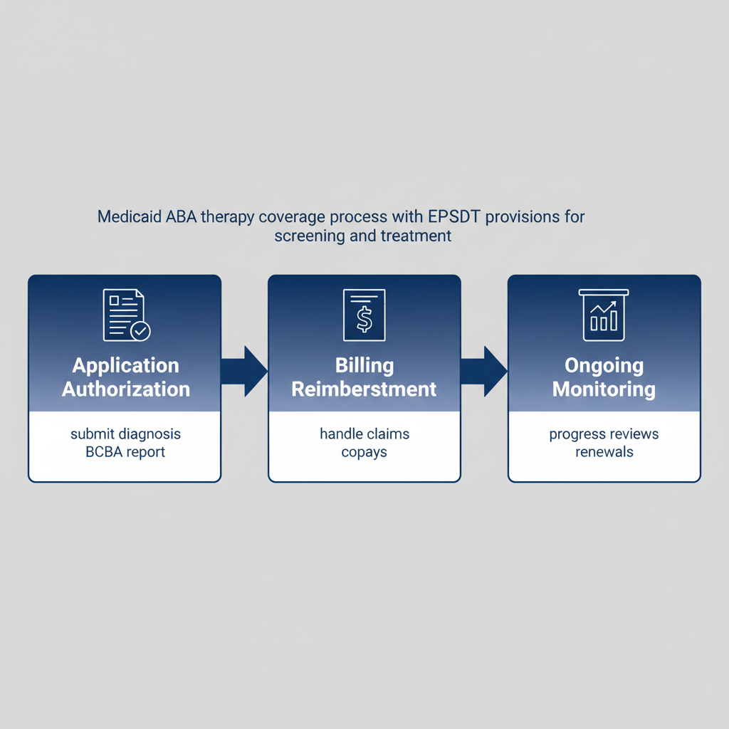 Horizontal process flow diagram illustrating three stages of Medicaid ABA therapy coverage: application and authorization, billing and reimbursement, ongoing monitoring and adjustments.