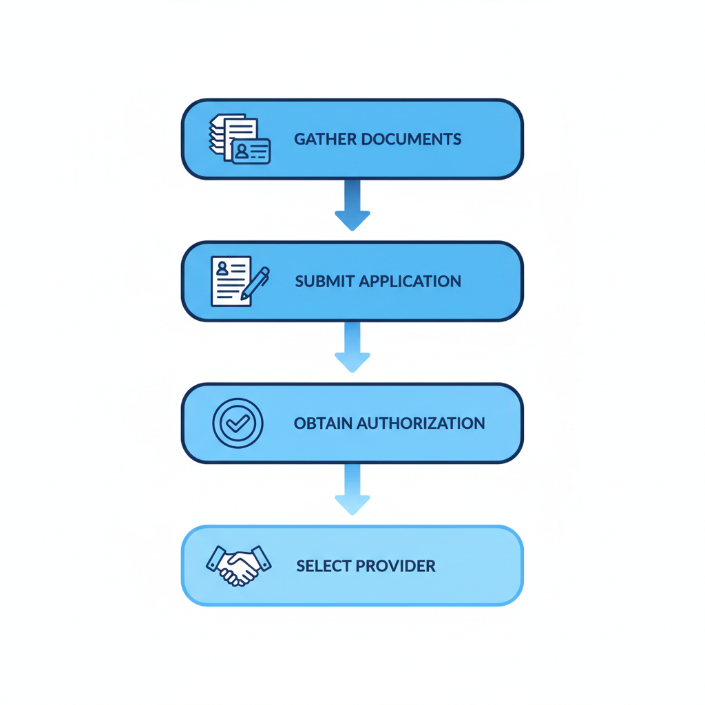 Vertical process flow diagram showing four steps to apply for Medicaid ABA coverage: gather documentation, submit application, obtain authorization, and select provider.