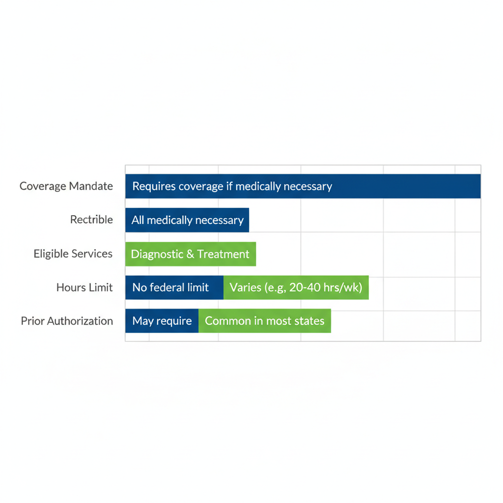 Horizontal bar chart comparing federal and state Medicaid coverage variations for ABA therapy, highlighting mandates, services, hours, and authorizations.