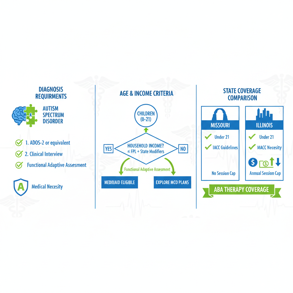 Infographic illustrating Medicaid eligibility for ABA therapy: diagnosis requirements, age and income criteria, and Missouri-Illinois coverage variations.