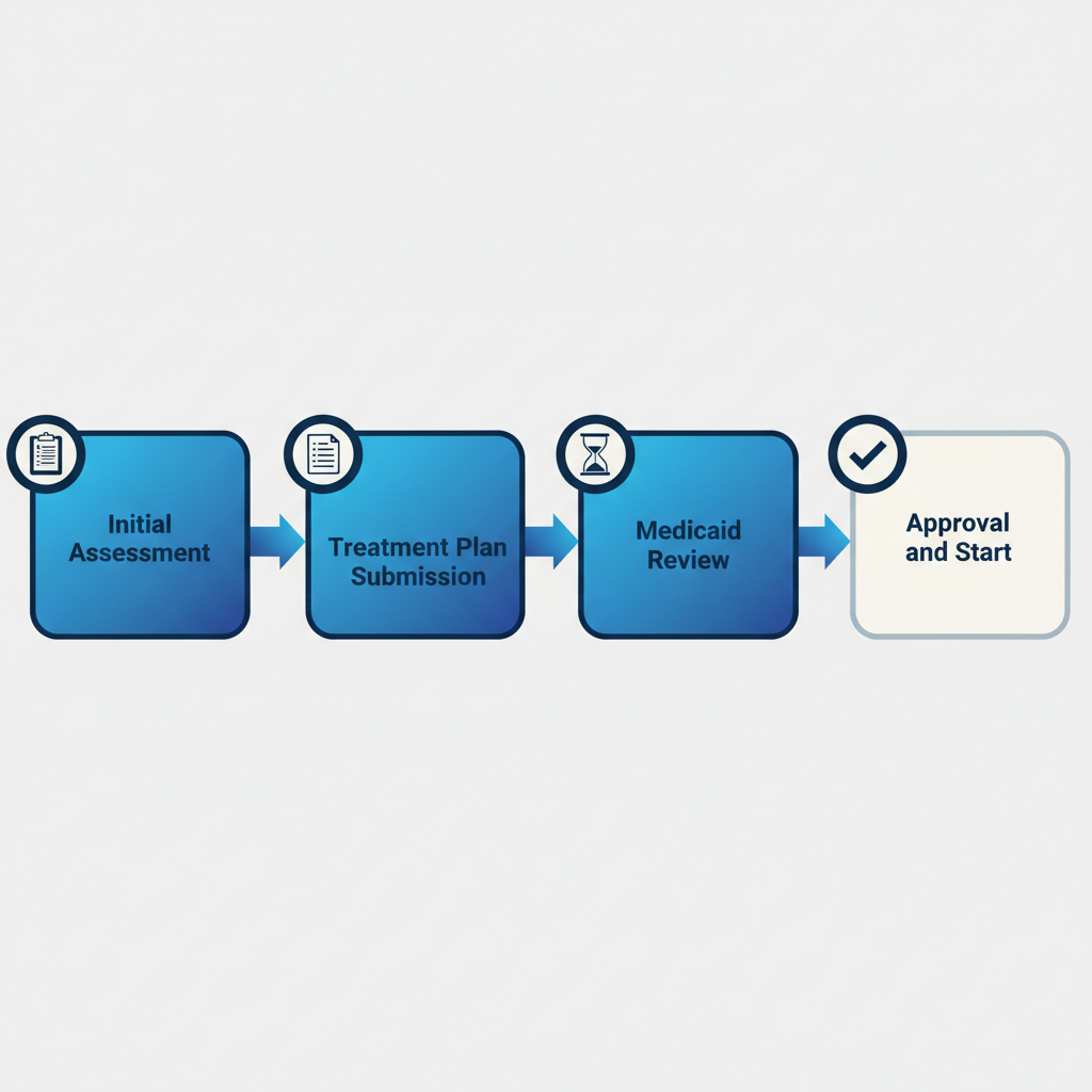 Horizontal process flow diagram illustrating the four-step prior authorization process for ABA therapy under Medicaid, with icons for assessment, treatment plan, review, and approval.