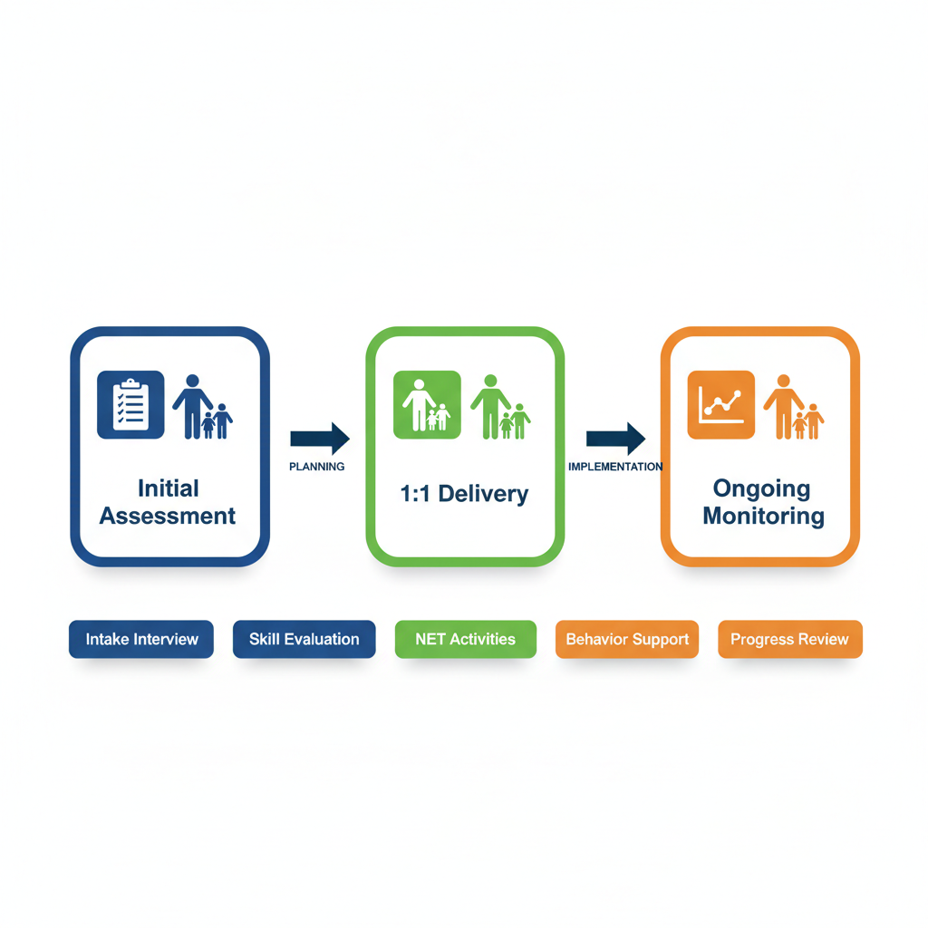 Horizontal process flow illustrating three stages of ABA therapy sessions: initial assessment, 1:1 delivery, and ongoing monitoring supervised by BCBA.