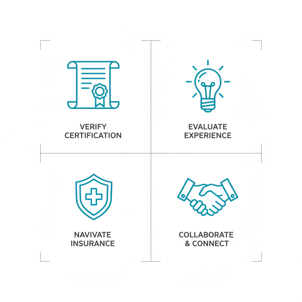 Square grid of icons showing best practices for selecting a Board Certified Behavior Analyst: certification check, experience review, insurance guidance, and collaboration.