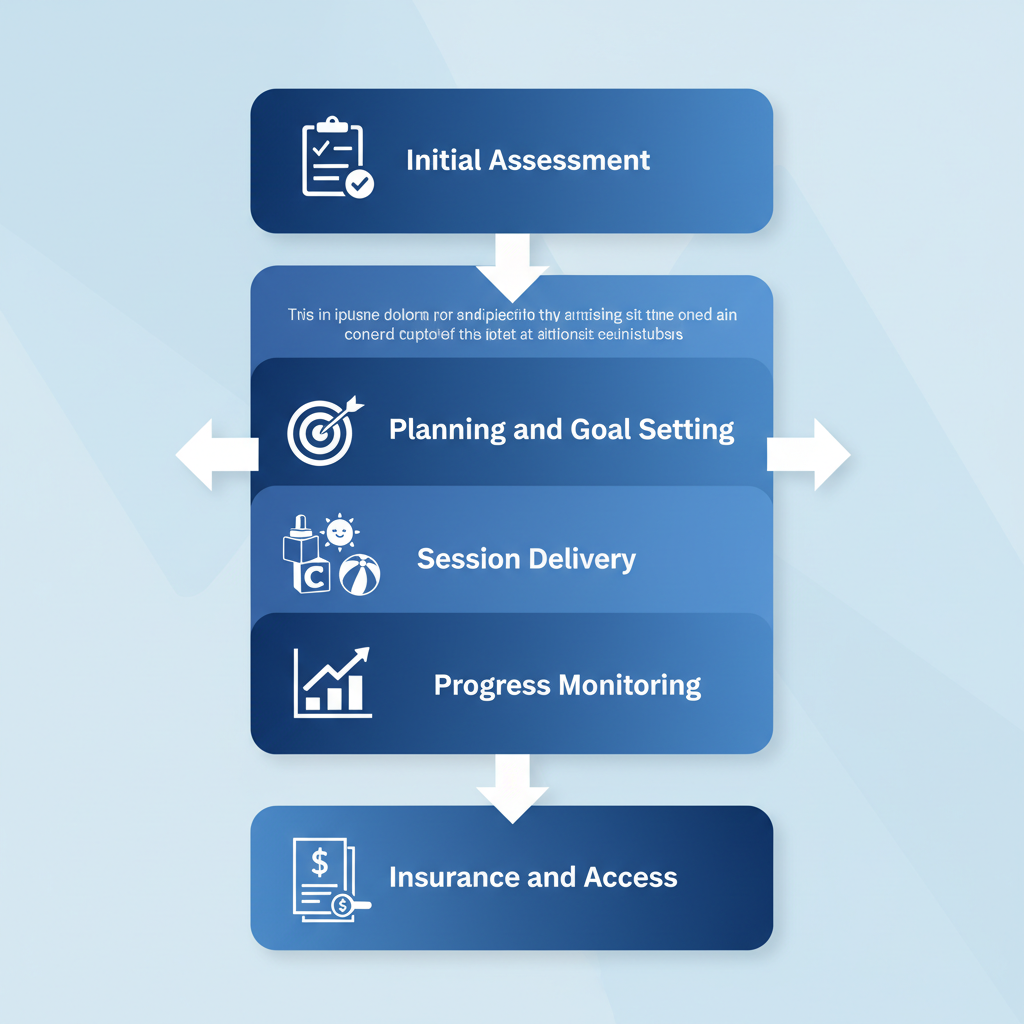 Vertical process flow diagram illustrating key stages of ABA therapy implementation from initial assessment to insurance access.