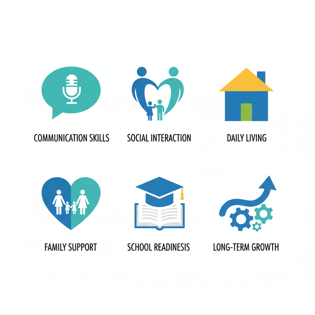 Grid of icons illustrating key benefits of ABA therapy including communication skills, social interaction, daily living, family support, school readiness, and long-term growth.