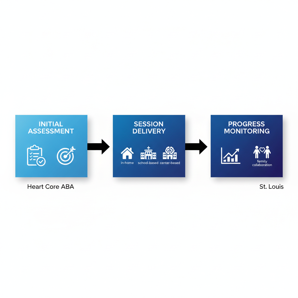 Horizontal process flow diagram illustrating the three stages of autism counseling sessions: initial assessment, session delivery methods, and progress monitoring with adjustments.