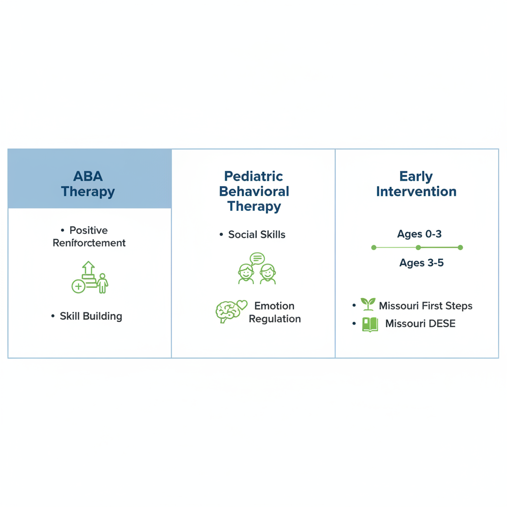 Infographic outlining core concepts of autism counseling for children including ABA therapy, behavioral approaches, and early intervention in Missouri