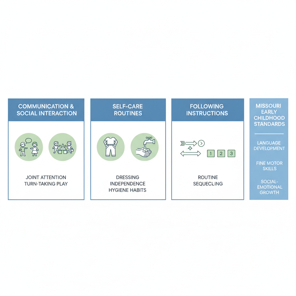 Infographic illustrating school readiness skills for children with autism including communication, self-care, and following instructions with ABA targets and milestones.