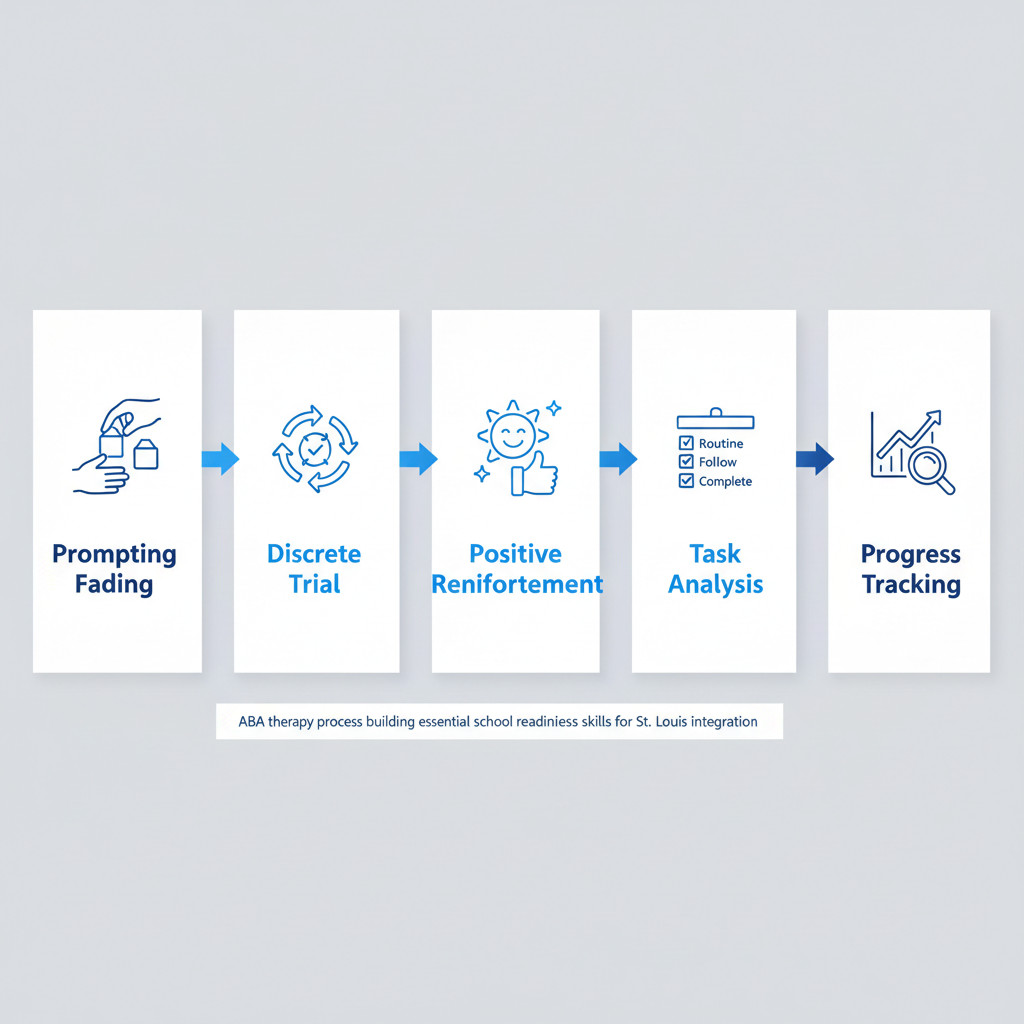 Horizontal process flow illustrating ABA therapy techniques for developing school readiness skills in children