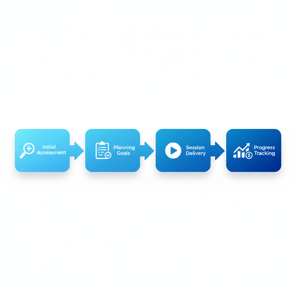 Horizontal process flow diagram illustrating the four stages of ABA therapy implementation: initial assessment, planning goals, session delivery, and progress tracking with insurance.