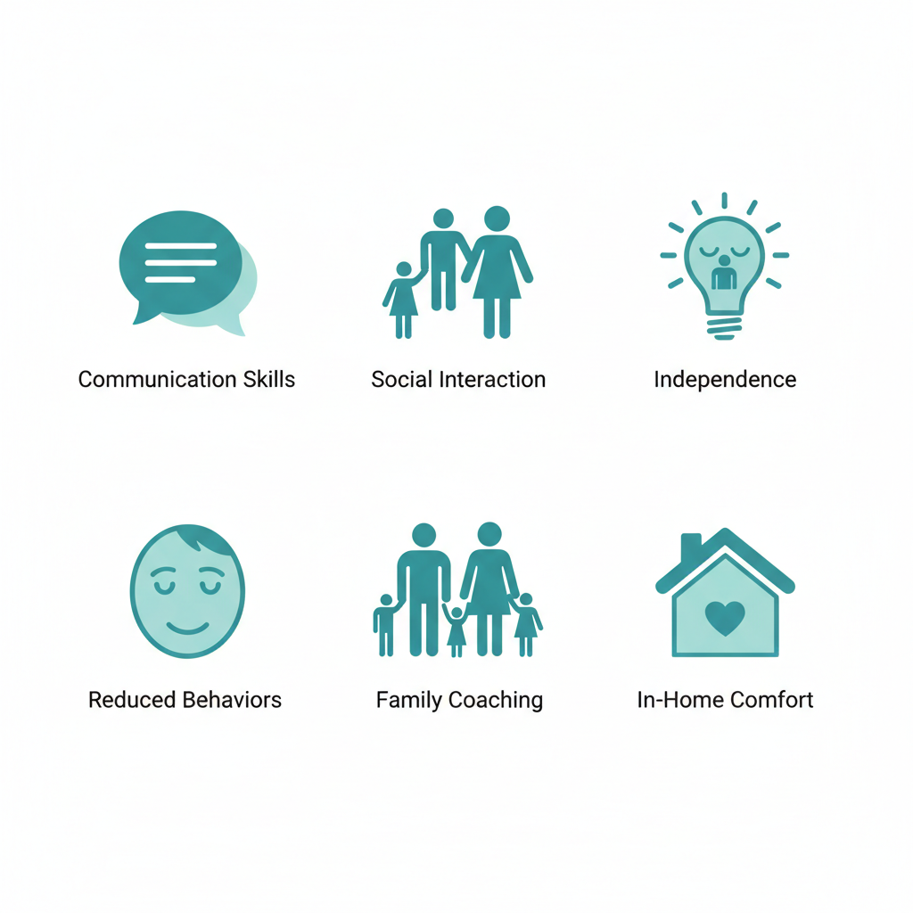Grid of six icons depicting key benefits of ABA therapy: communication skills, social interaction, independence, reduced behaviors, family coaching, and in-home comfort.