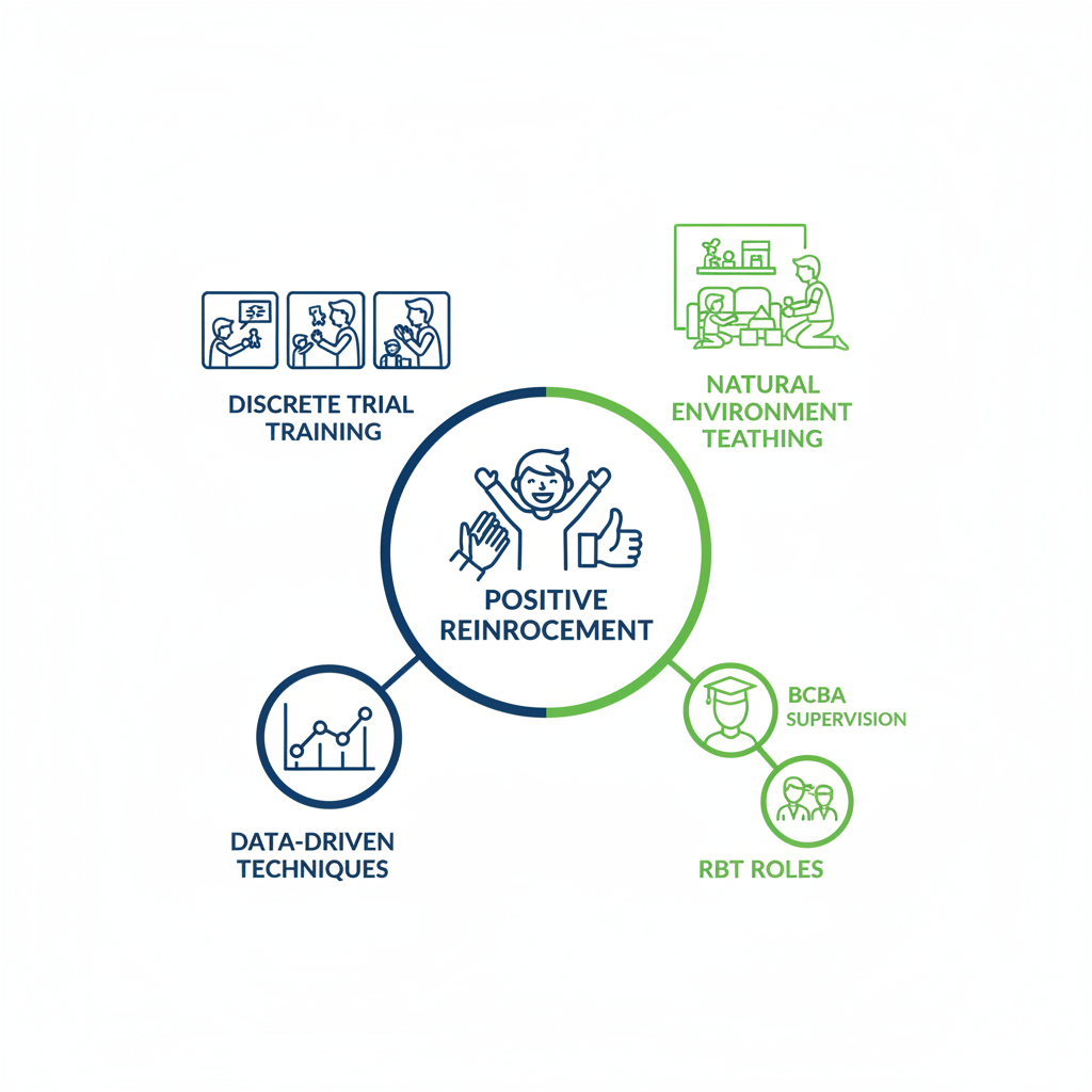 Infographic illustrating core ABA therapy principles: positive reinforcement, discrete trial training, natural environment teaching, data-driven techniques, and BCBA-RBT supervision.