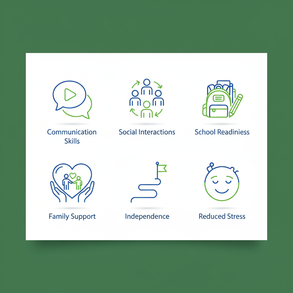 Grid of six icons depicting benefits of ABA therapy for autism including communication, social skills, school readiness, family support, independence, and reduced stress.